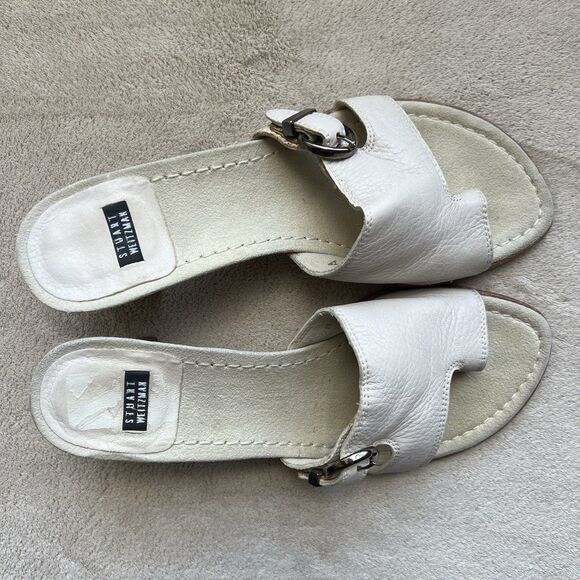 Stuart Weitzman Neutral Bone Leather Mule Heeled Sandals Women 6.5 AA Toe Ring - Picture 6 of 16